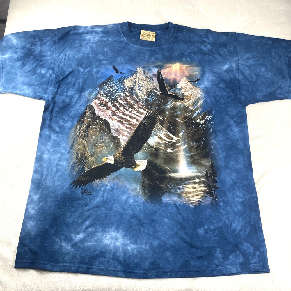 Men's VTG 2004 The‎ Mountain Blue Tie Dye T Shirt Y2K AOP Eagle Waterfall USA XL